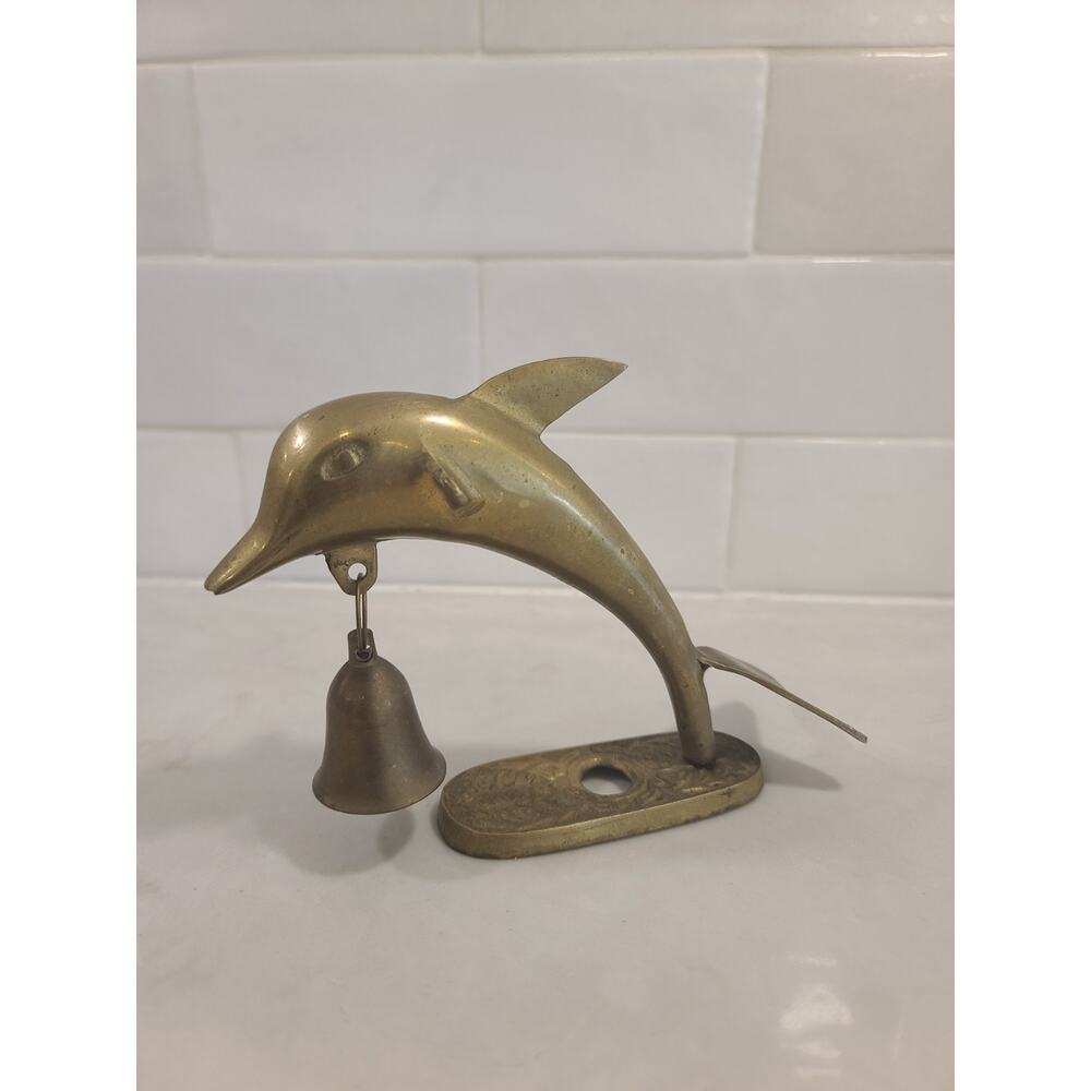 VINTAGE DOLPHIN on stand W/ BRASS BELL 5" X 5.5" Mcm Nautical